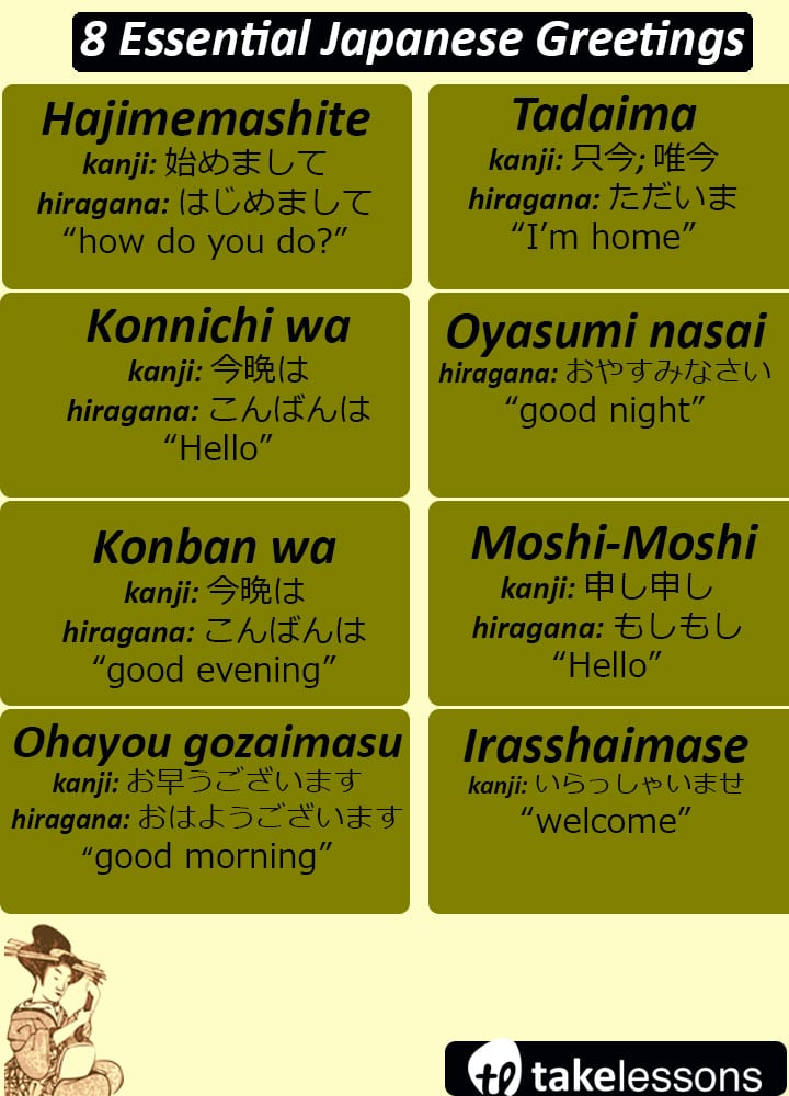 japanese greetings: ohayou gozaimasu, konnichi wa, moshi-moshi, and more.