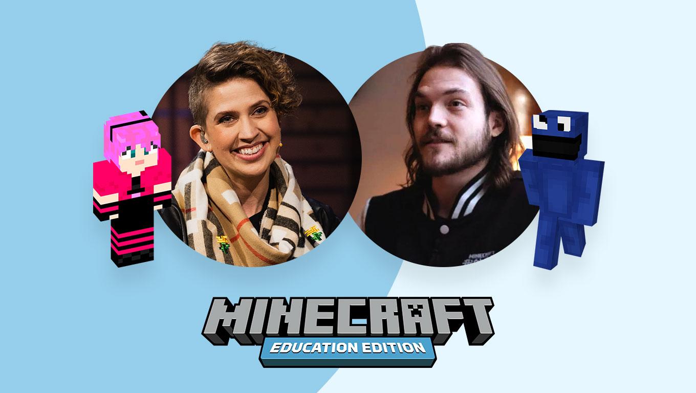 Banner with Minecraft: Education Edition logo beneath photos of speakers Lydia Winters and Cory Scheviak