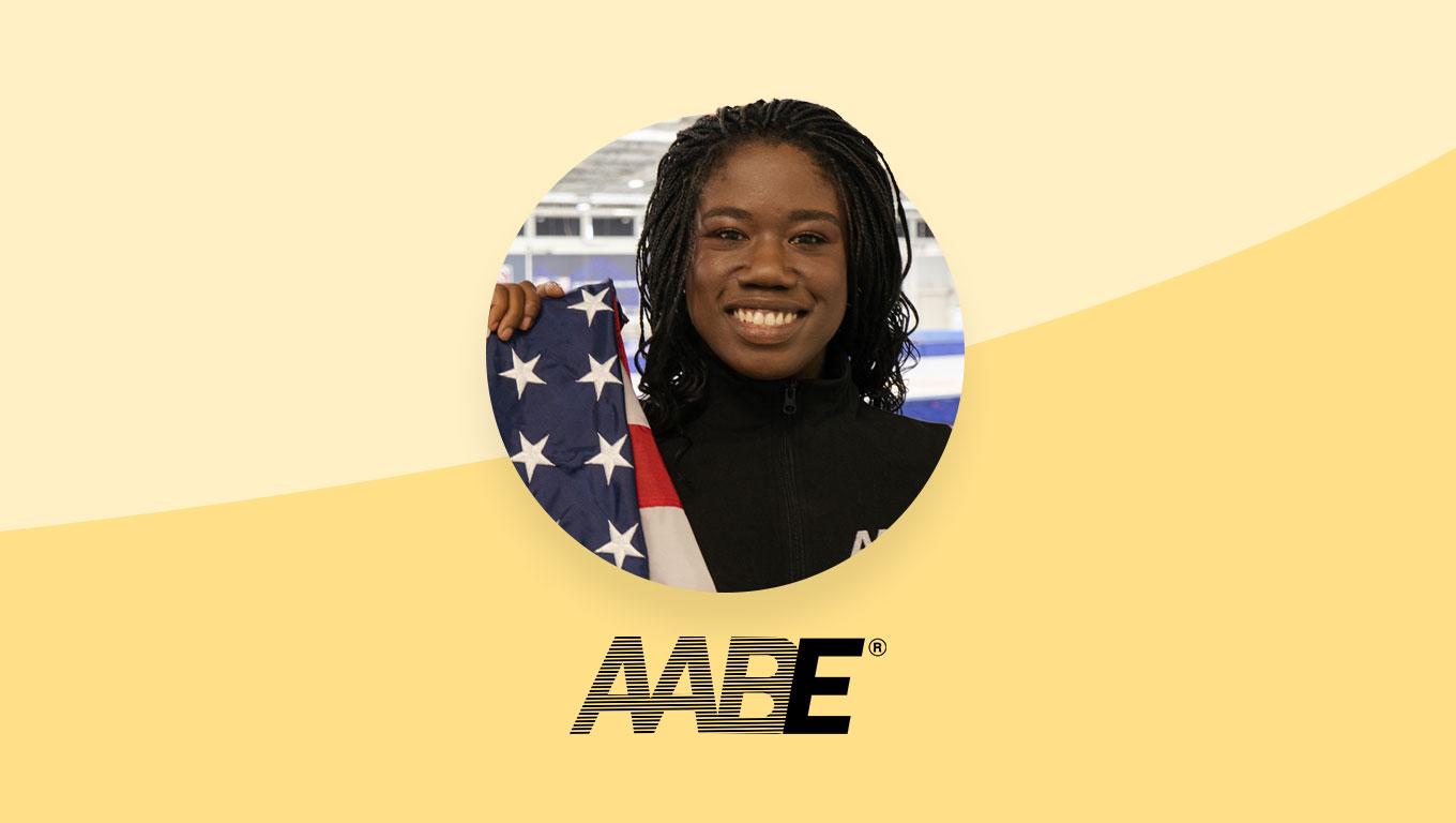 Photo of speedskater and scholar Erin Jackson alongside logo for AABE.
