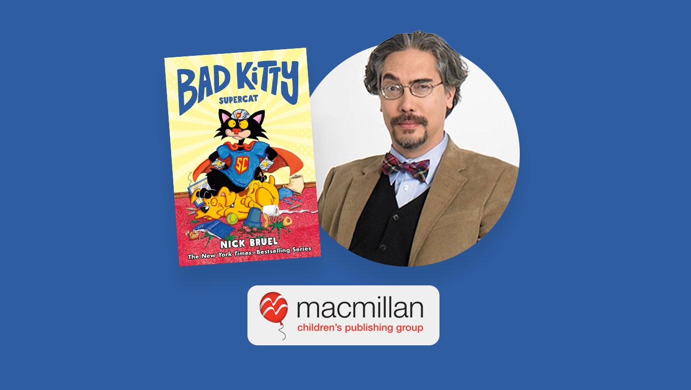 Photo of author Nick Bruel alongside his children’s graphic novel, Bad Kitty: Supercat