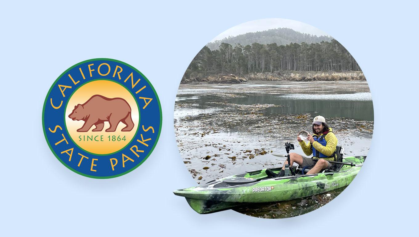 Photo of kayaker at Point Lobos State Natural Reserve alongside California State Parks logo