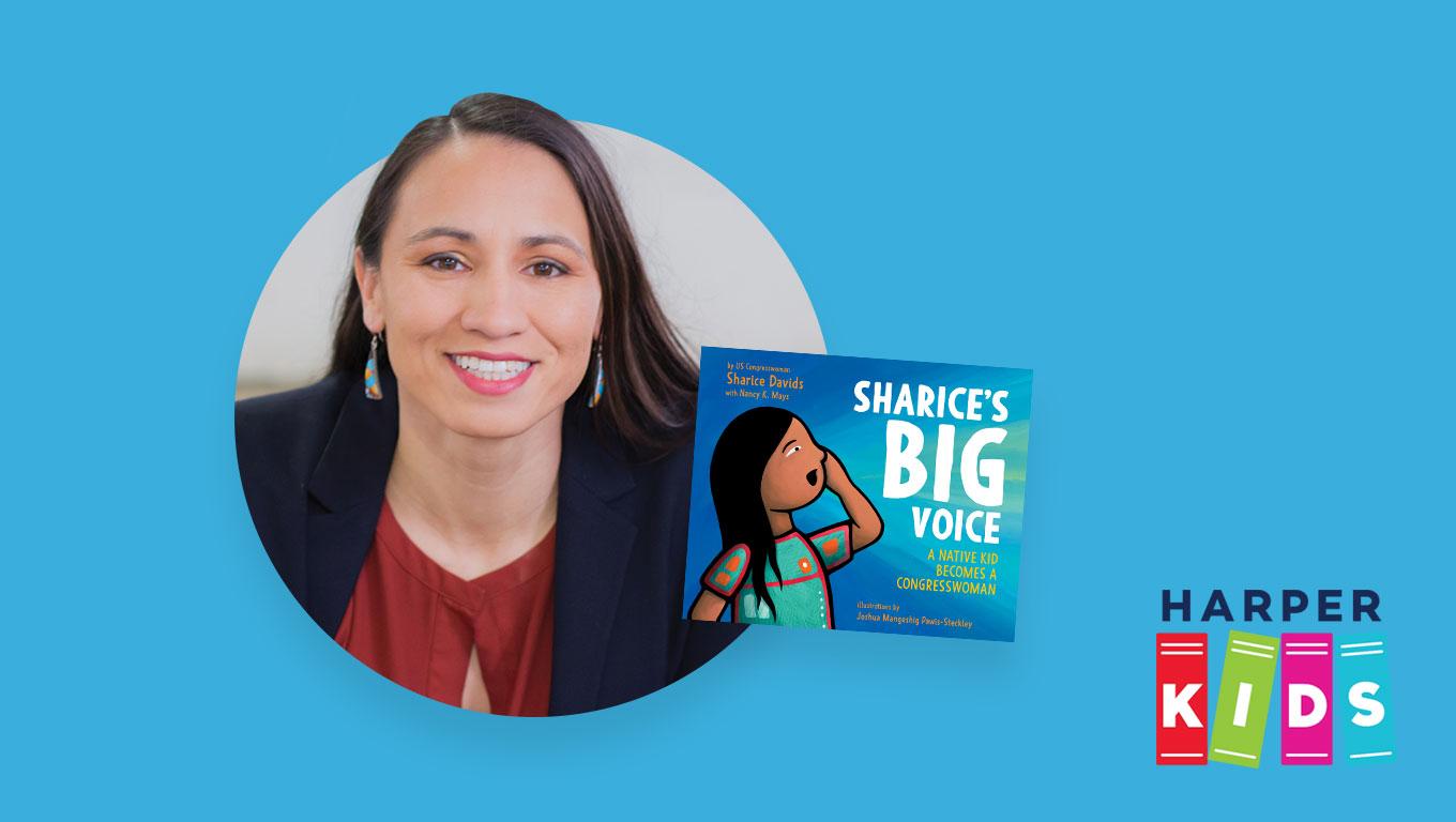 Photo of Sharice Davids with book Sharice's Big Voice next to Harper Kids Logo