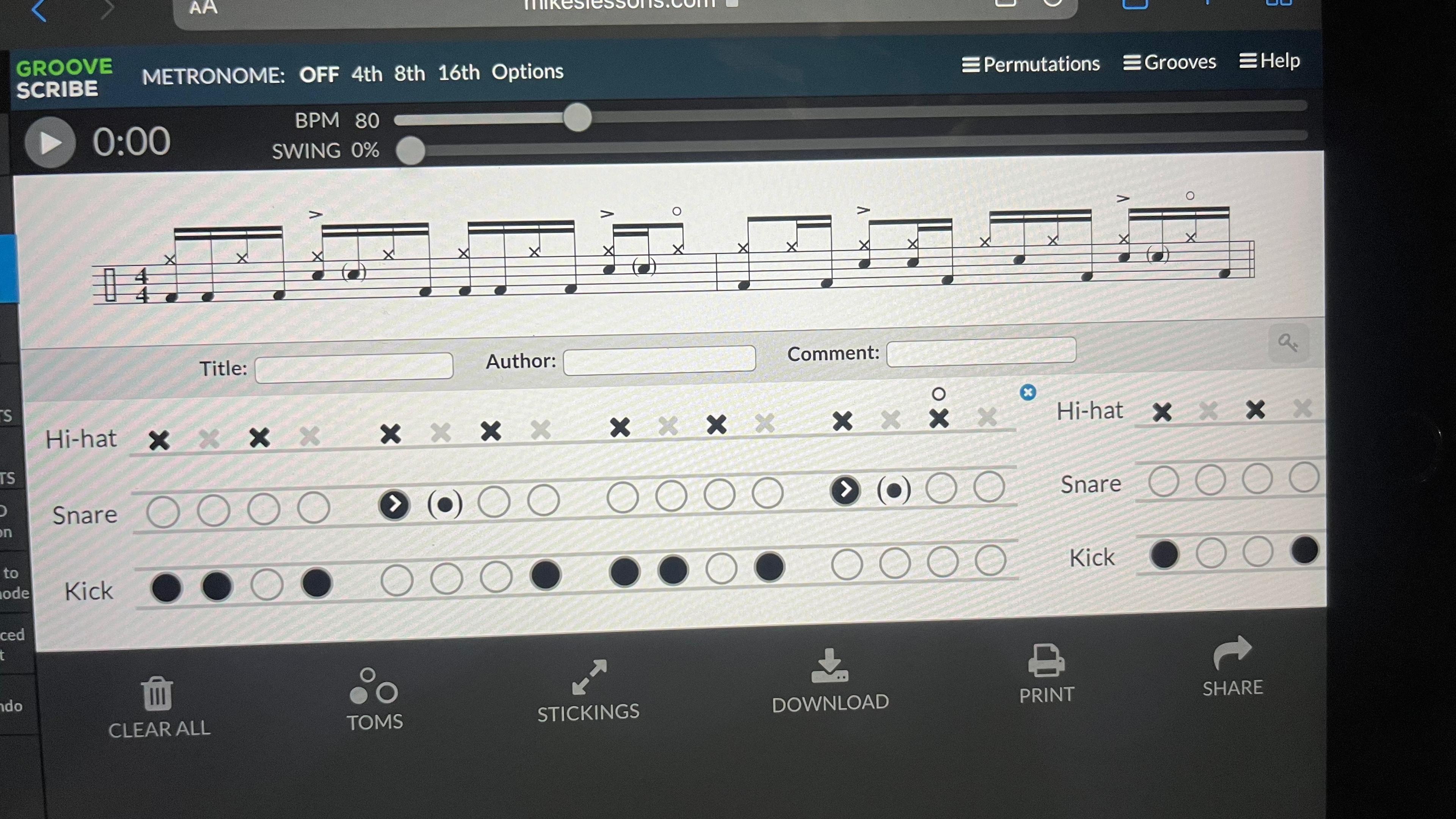 16th note drum Groove with accents and ghost notes.