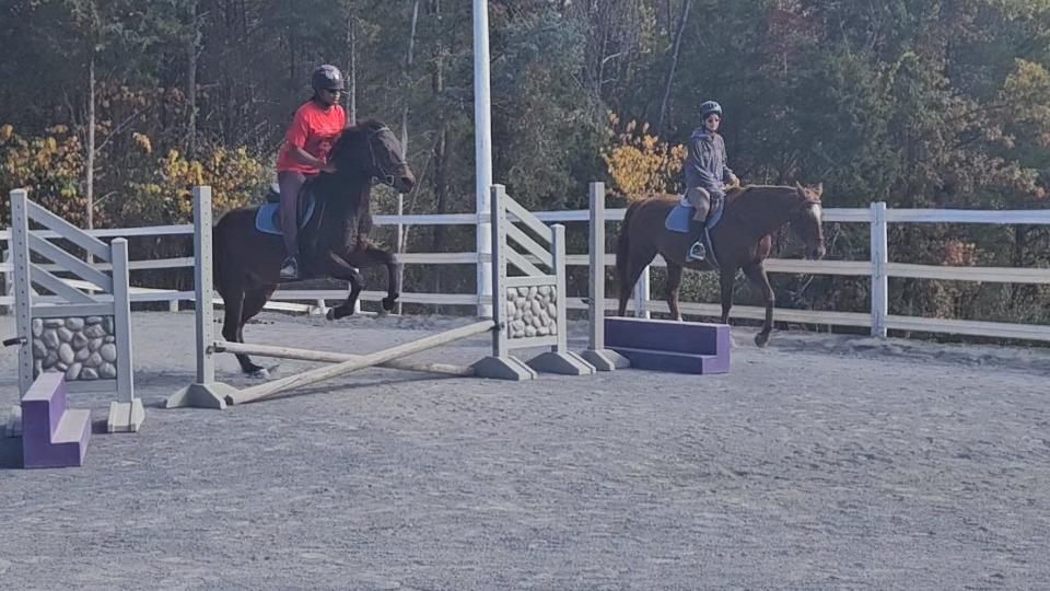 Jumping a green pony