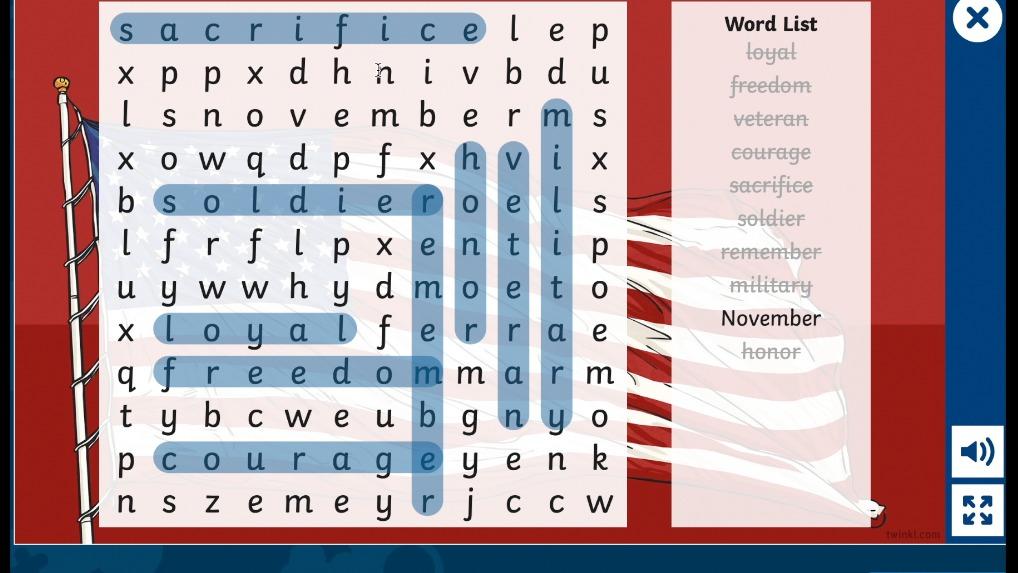 Veterans Day Interactive Word Search 3-5h Social Studies