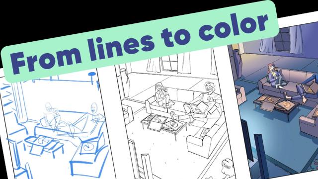 The process from sketch to lines to color