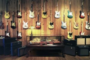Variety of electric guitars displayed in a music store