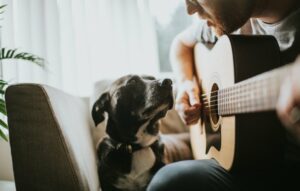 Young man in glasses playing the guitar for his dog