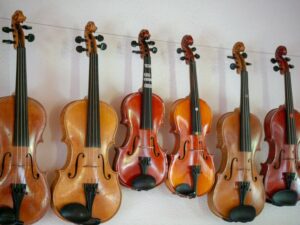 Group of violins lined on a wall