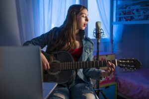 Teen girl singing in her room