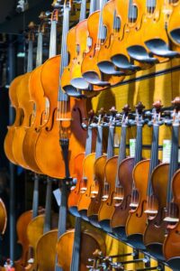Variety of violins in a music store