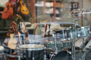 Drums on display in a music store