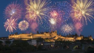 Fireworks exploding over a medieval castle