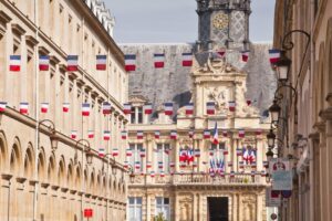 Flags outside of buildings for Bastille Day