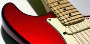 Close up of a red Fender Stratocaster