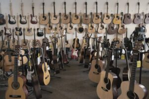 Collection of guitars in a music store