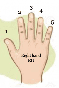 Piano fingering chart demonstrating the right hand