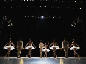 Company of ballet dancers on stage