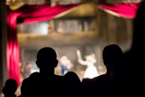 Back view of the silhouettes of people watching a play on stage