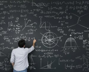 Back view of a male instructor writing physics equations on a board