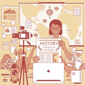 Illustration of a female teacher giving a history lesson remotely